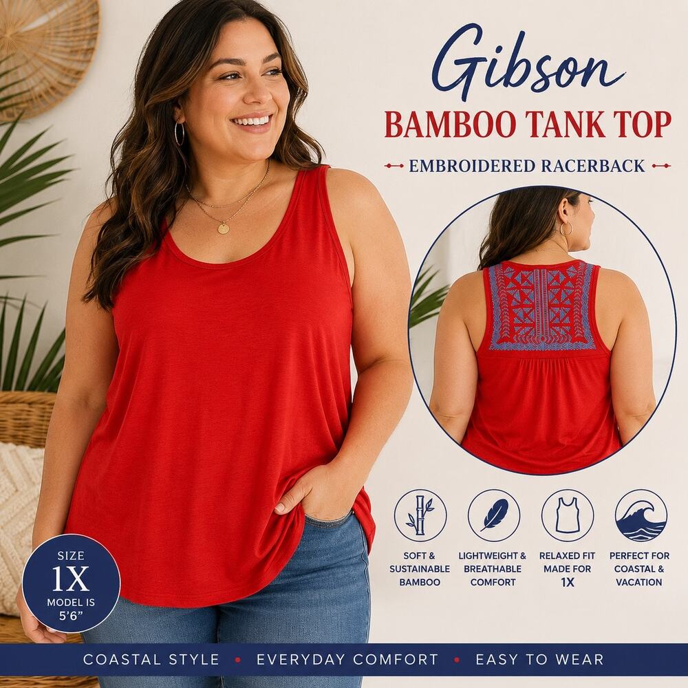 Gibson Women’s Bamboo Tank Top 1X Red Blue Embroidered Racerback Coastal NWT